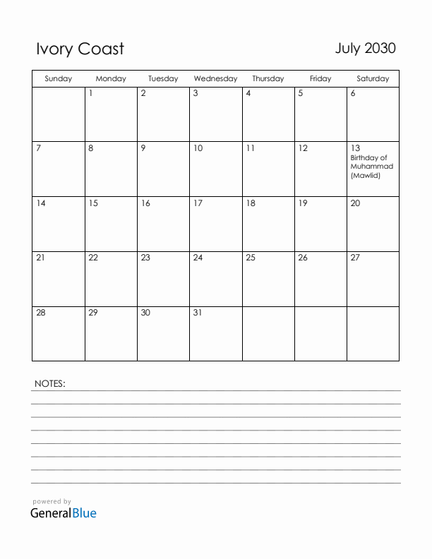 July 2030 Ivory Coast Calendar with Holidays (Sunday Start)