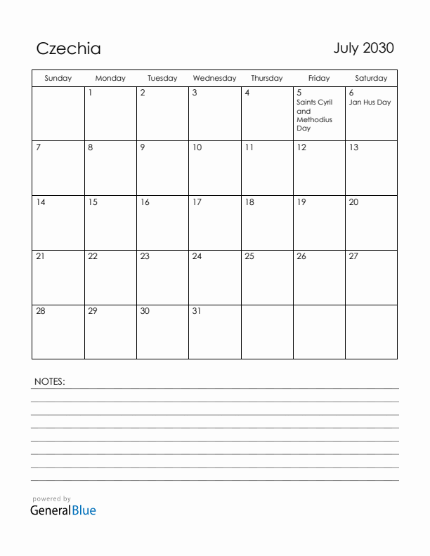 July 2030 Czechia Calendar with Holidays (Sunday Start)