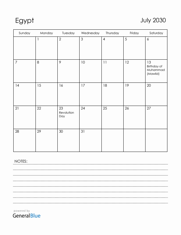 July 2030 Egypt Calendar with Holidays (Sunday Start)