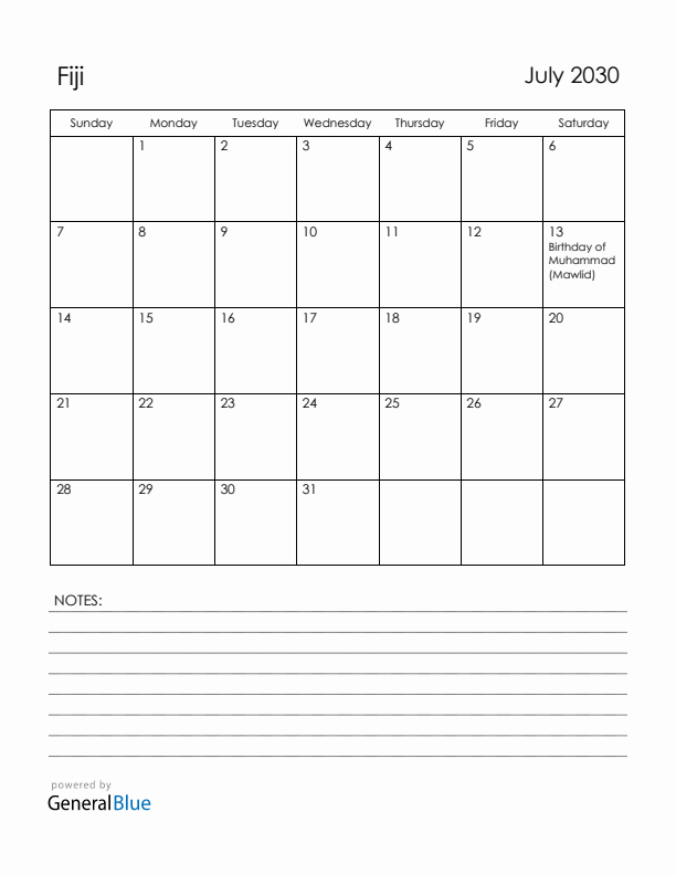 July 2030 Fiji Calendar with Holidays (Sunday Start)