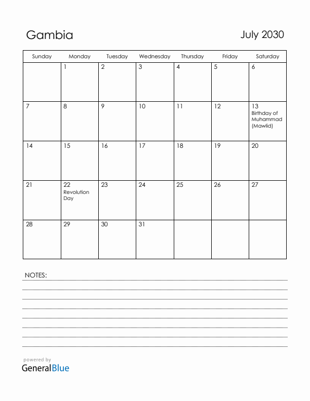 July 2030 Gambia Calendar with Holidays (Sunday Start)