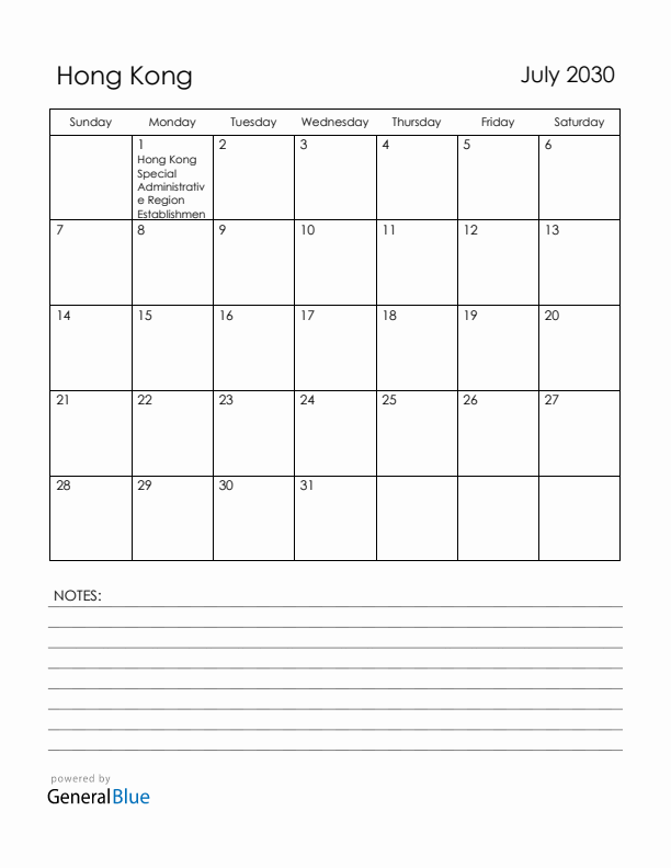 July 2030 Hong Kong Calendar with Holidays (Sunday Start)