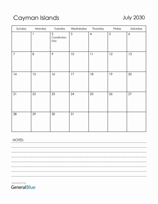July 2030 Cayman Islands Calendar with Holidays (Sunday Start)