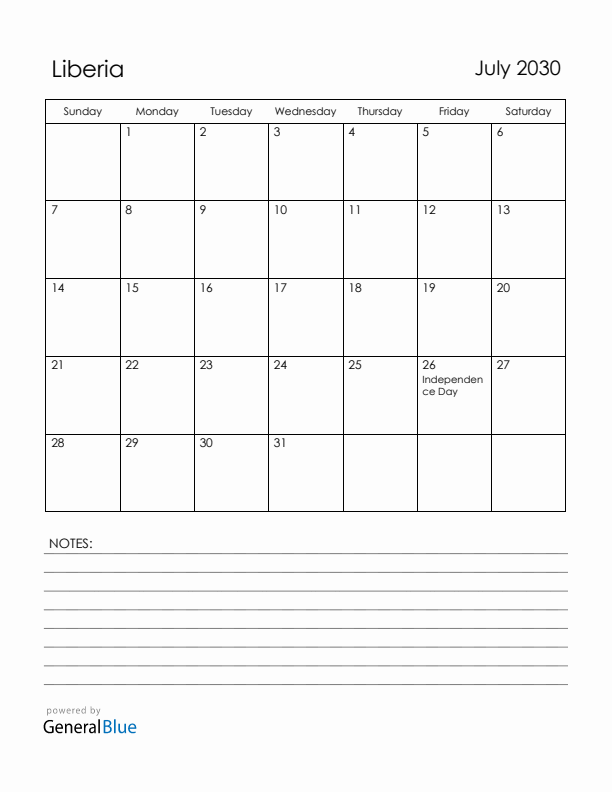 July 2030 Liberia Calendar with Holidays (Sunday Start)