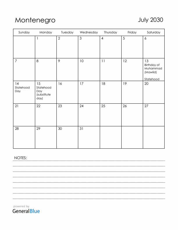 July 2030 Montenegro Calendar with Holidays (Sunday Start)