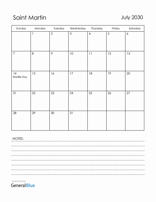 July 2030 Saint Martin Calendar with Holidays (Sunday Start)