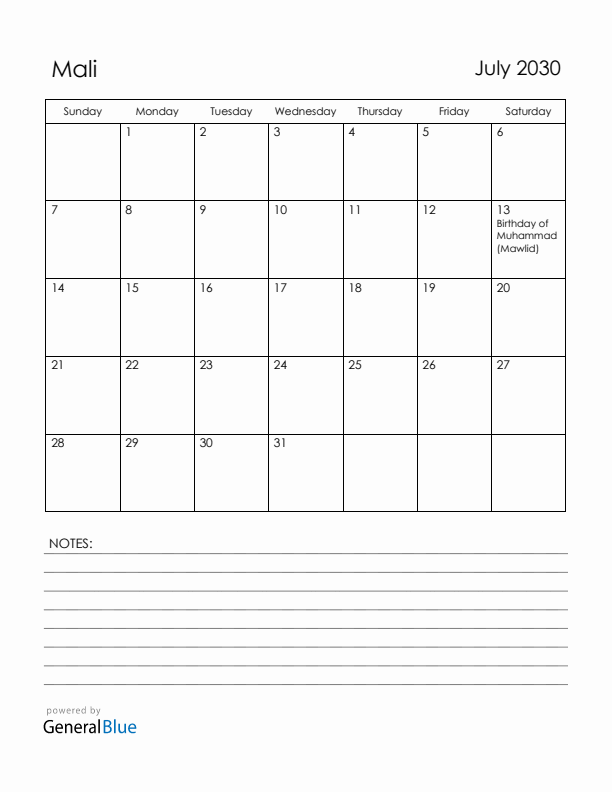 July 2030 Mali Calendar with Holidays (Sunday Start)