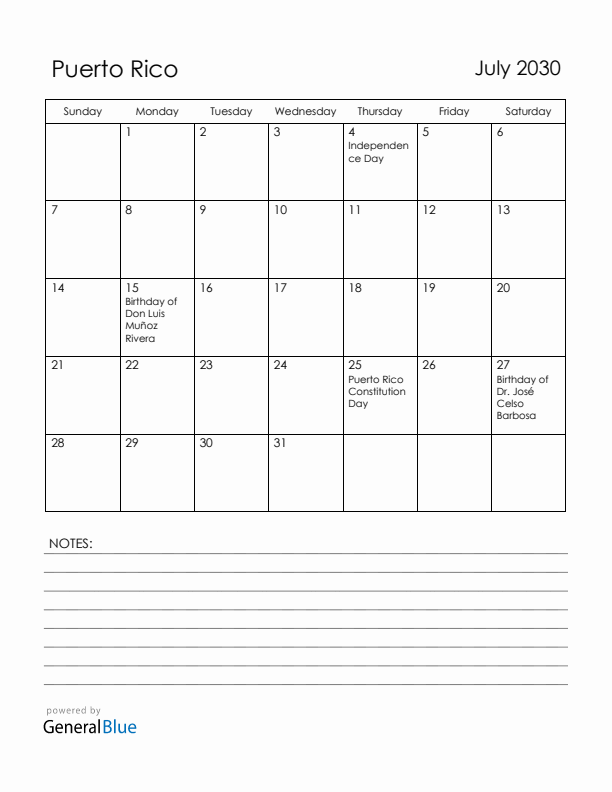 July 2030 Puerto Rico Calendar with Holidays (Sunday Start)