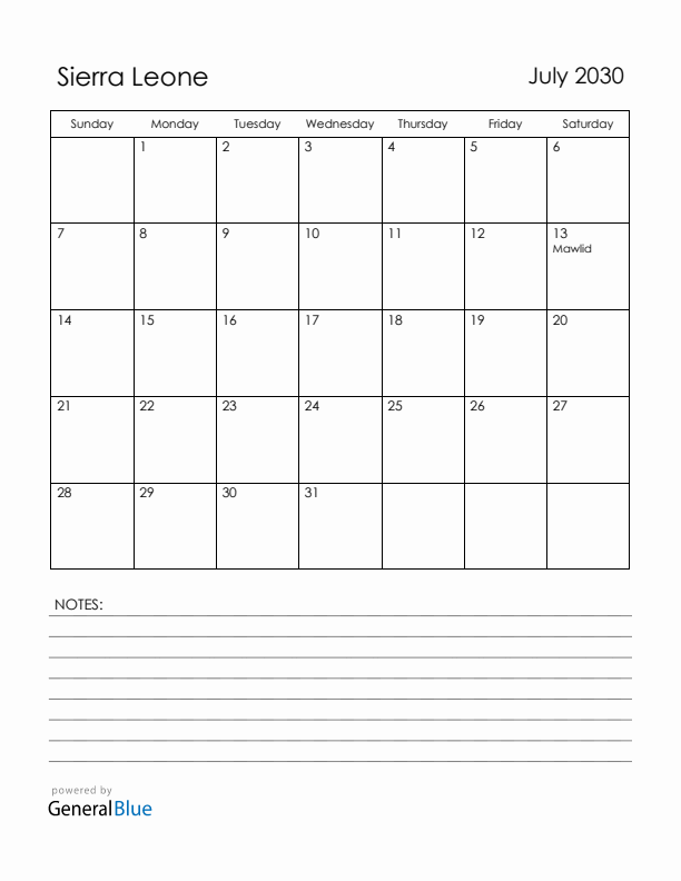 July 2030 Sierra Leone Calendar with Holidays (Sunday Start)