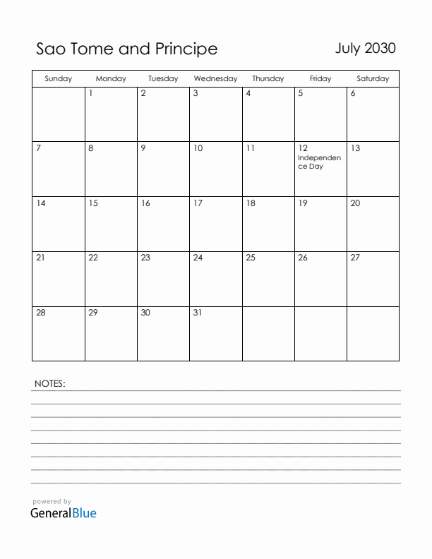July 2030 Sao Tome and Principe Calendar with Holidays (Sunday Start)
