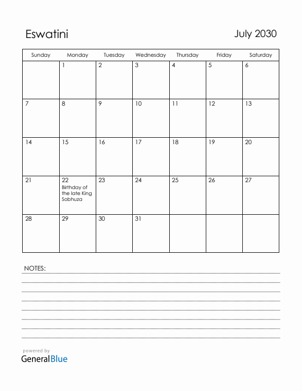 July 2030 Eswatini Calendar with Holidays (Sunday Start)