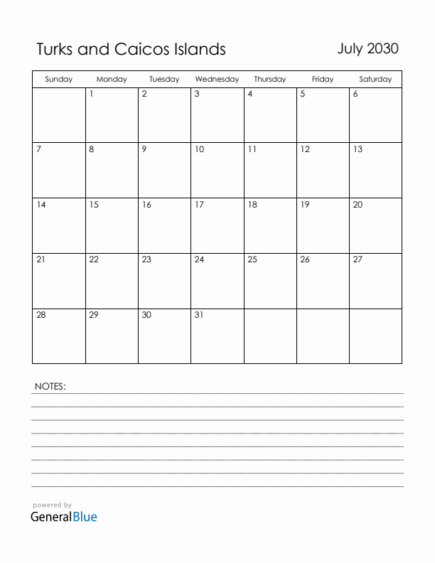 July 2030 Turks and Caicos Islands Calendar with Holidays (Sunday Start)