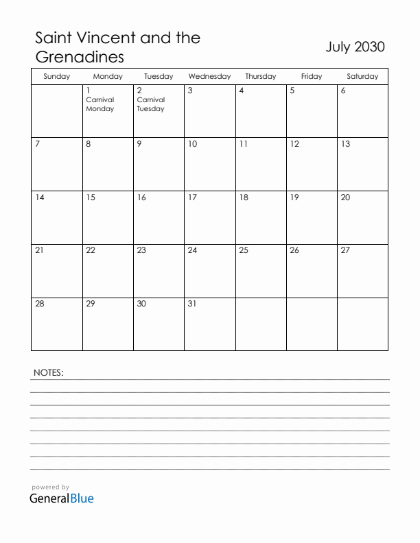 July 2030 Saint Vincent and the Grenadines Calendar with Holidays (Sunday Start)