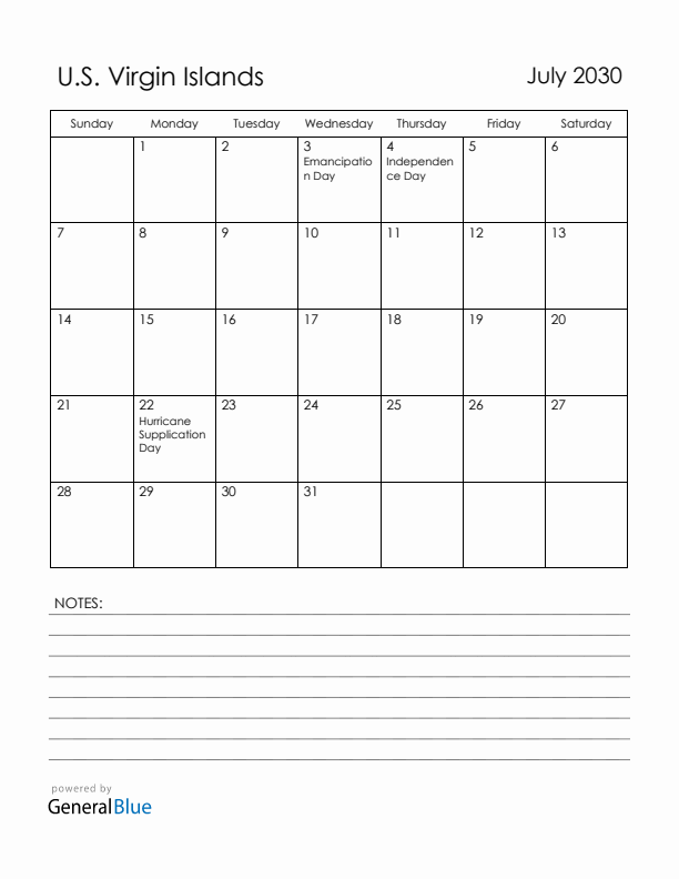 July 2030 U.S. Virgin Islands Calendar with Holidays (Sunday Start)