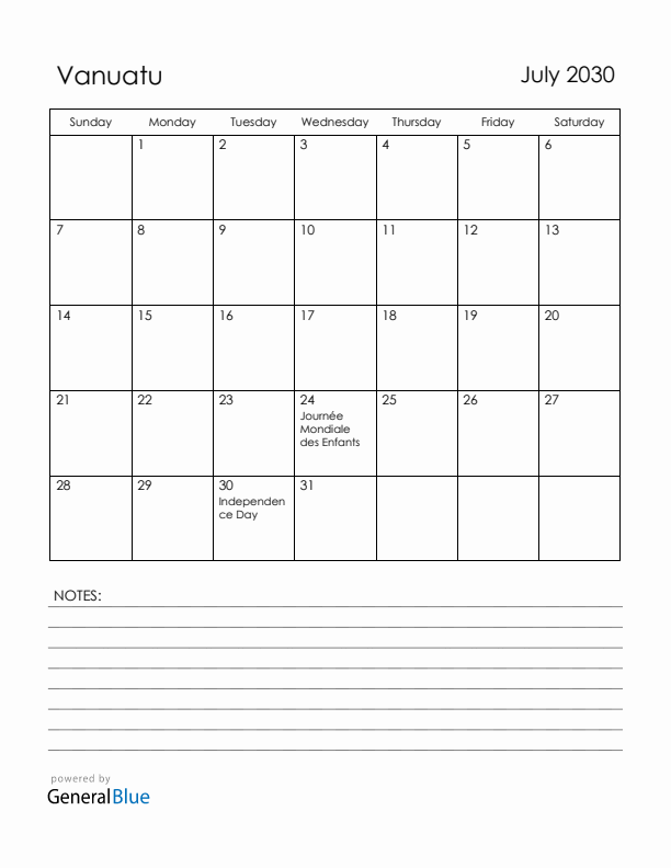 July 2030 Vanuatu Calendar with Holidays (Sunday Start)