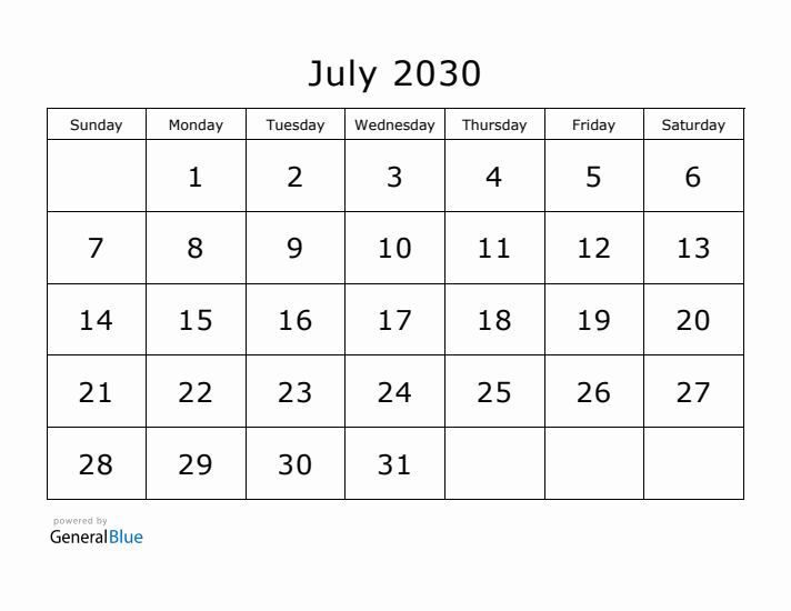 Printable July 2030 Calendar - Sunday Start