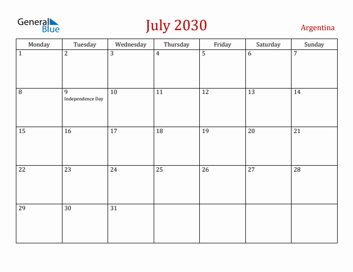 Argentina July 2030 Calendar - Monday Start