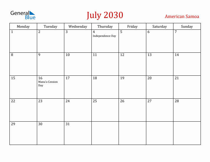 American Samoa July 2030 Calendar - Monday Start