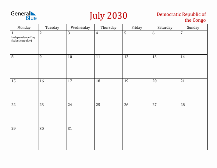 Democratic Republic of the Congo July 2030 Calendar - Monday Start