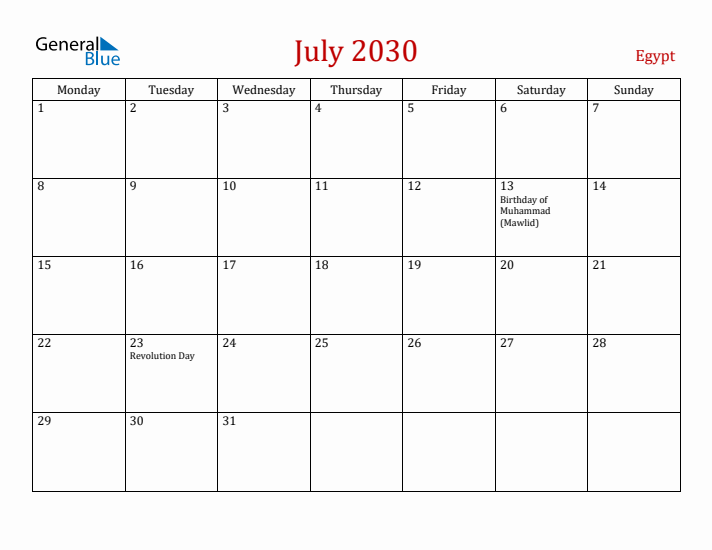 Egypt July 2030 Calendar - Monday Start