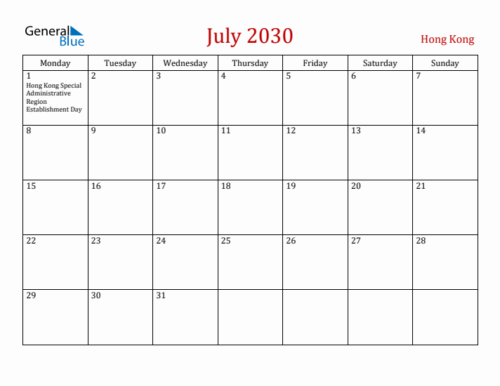 Hong Kong July 2030 Calendar - Monday Start