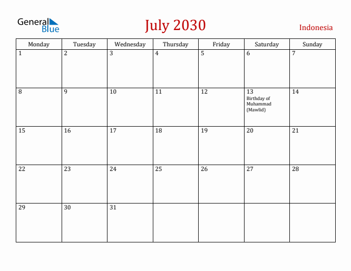 Indonesia July 2030 Calendar - Monday Start