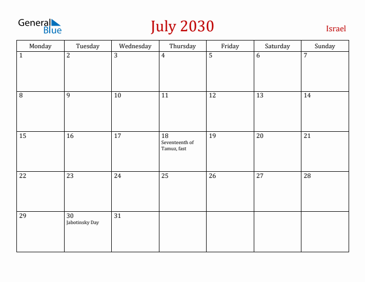 Israel July 2030 Calendar - Monday Start