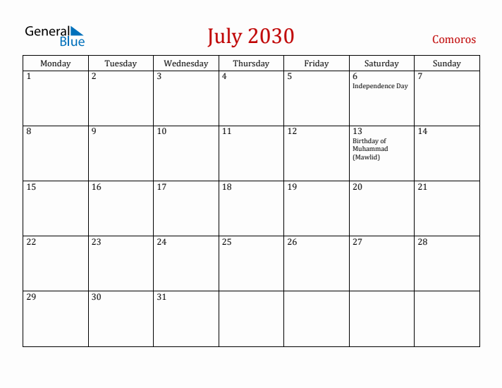 Comoros July 2030 Calendar - Monday Start
