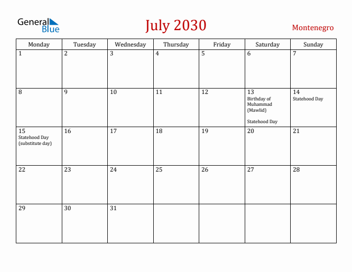 Montenegro July 2030 Calendar - Monday Start