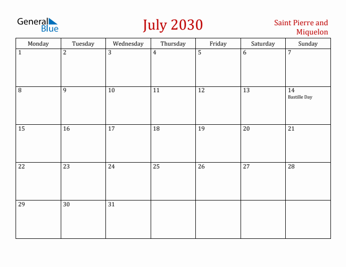 Saint Pierre and Miquelon July 2030 Calendar - Monday Start