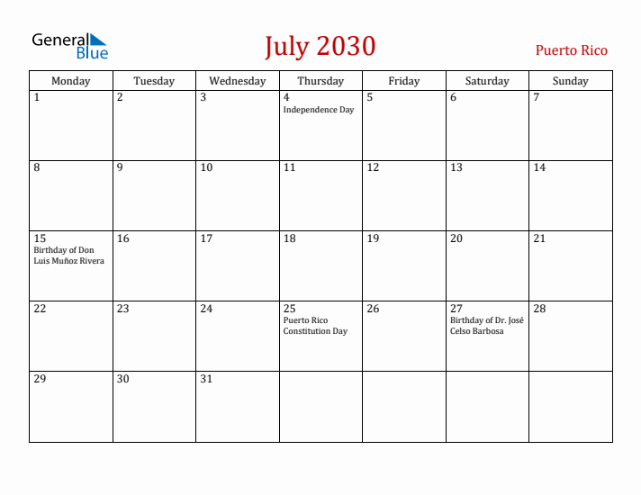 Puerto Rico July 2030 Calendar - Monday Start