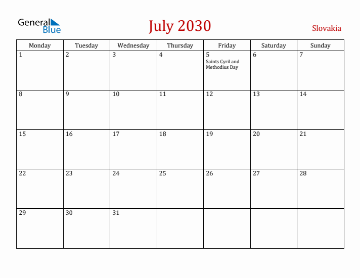 Slovakia July 2030 Calendar - Monday Start
