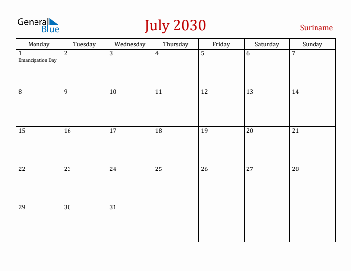 Suriname July 2030 Calendar - Monday Start