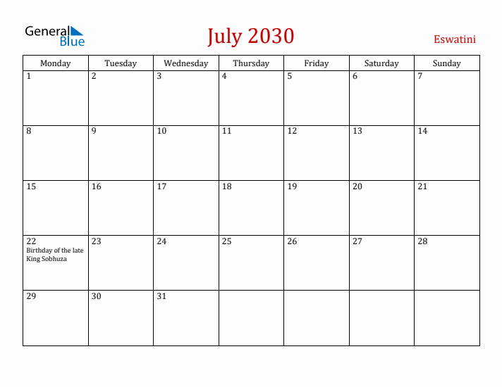 Eswatini July 2030 Calendar - Monday Start