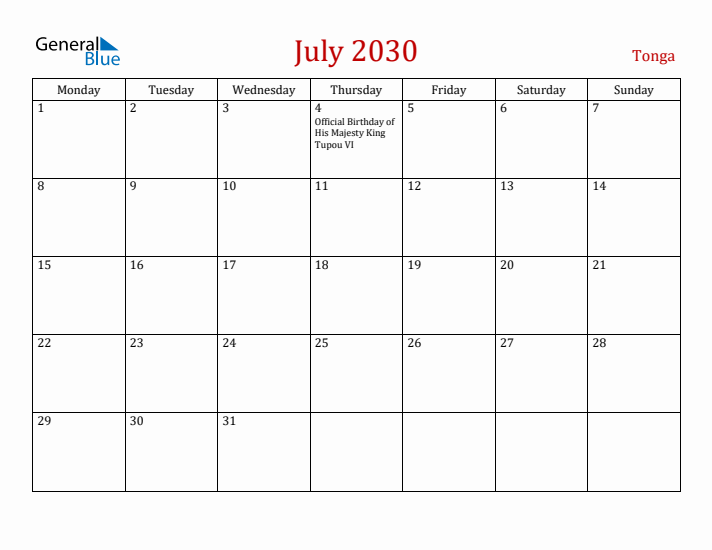 Tonga July 2030 Calendar - Monday Start