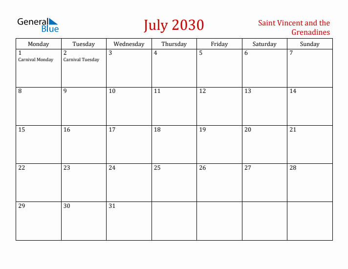 Saint Vincent and the Grenadines July 2030 Calendar - Monday Start