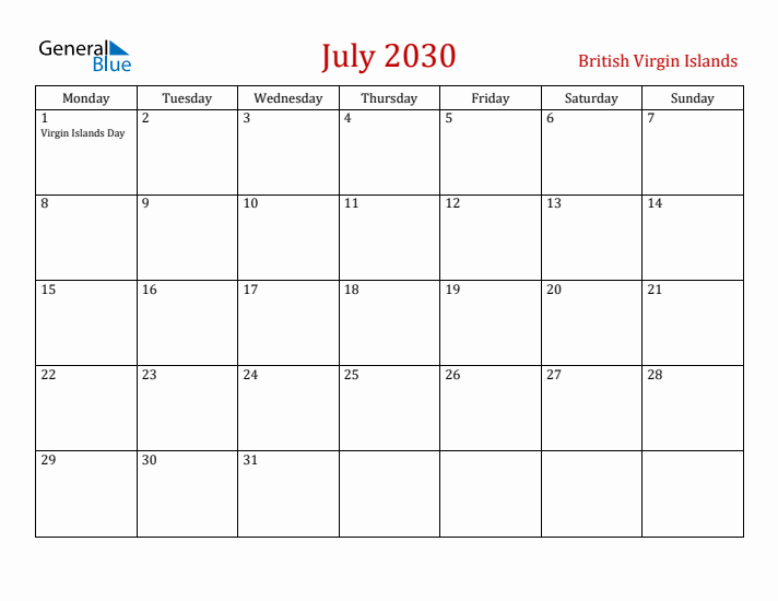 British Virgin Islands July 2030 Calendar - Monday Start