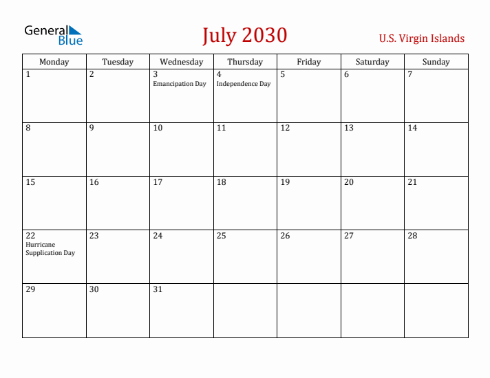 U.S. Virgin Islands July 2030 Calendar - Monday Start