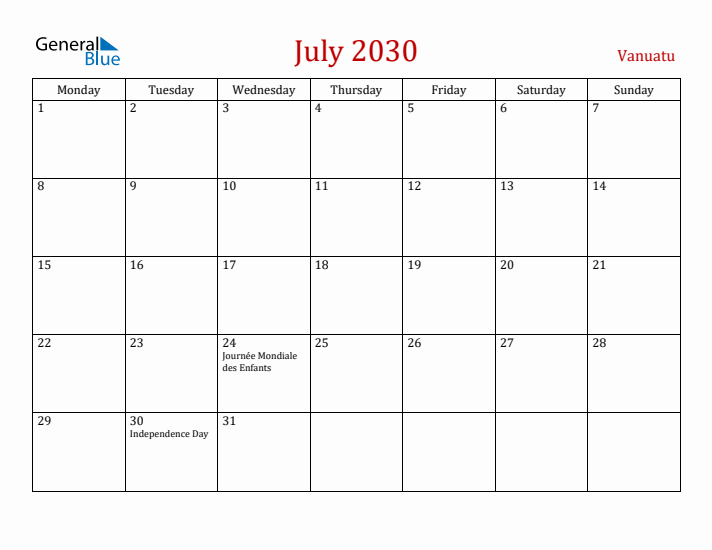 Vanuatu July 2030 Calendar - Monday Start