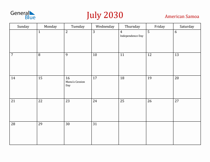 American Samoa July 2030 Calendar - Sunday Start