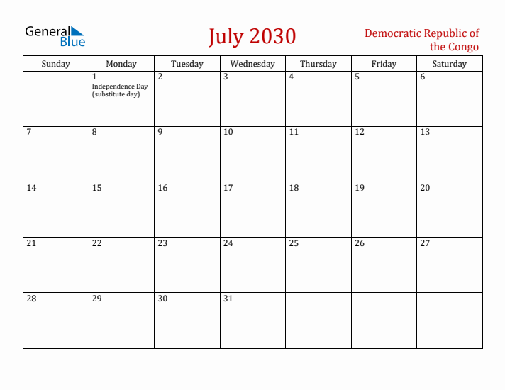 Democratic Republic of the Congo July 2030 Calendar - Sunday Start