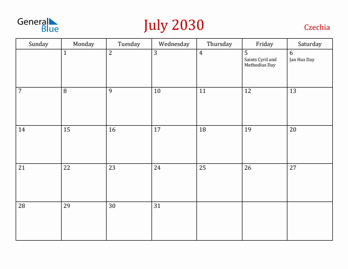 Czechia July 2030 Calendar - Sunday Start