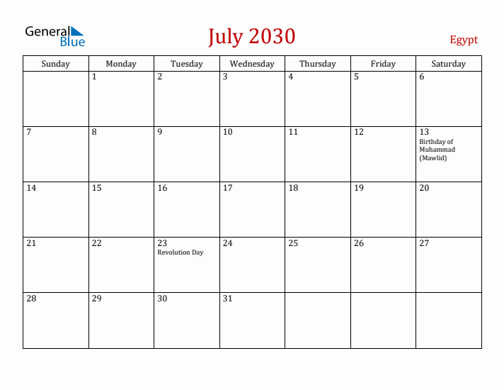 Egypt July 2030 Calendar - Sunday Start