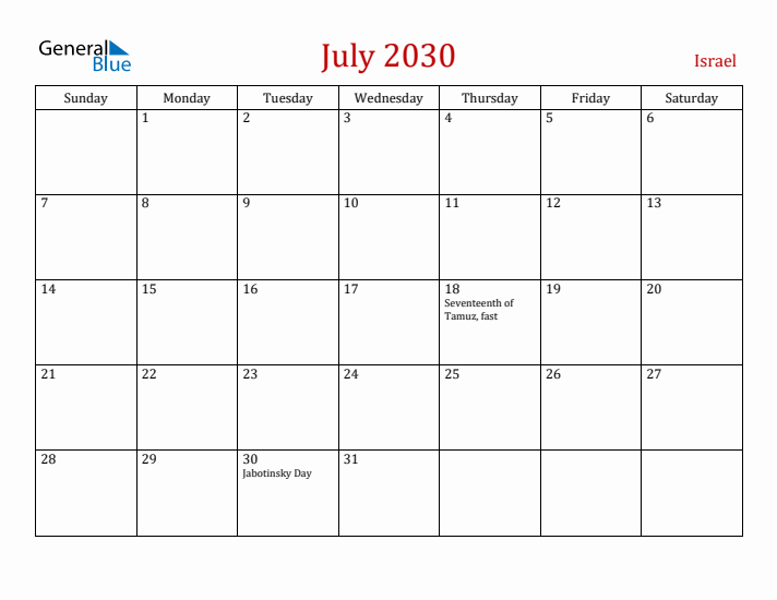 Israel July 2030 Calendar - Sunday Start