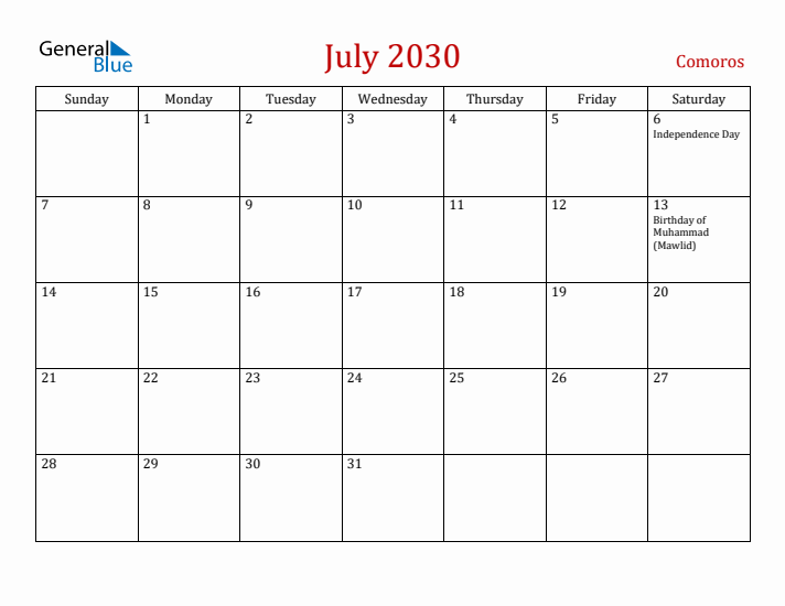 Comoros July 2030 Calendar - Sunday Start