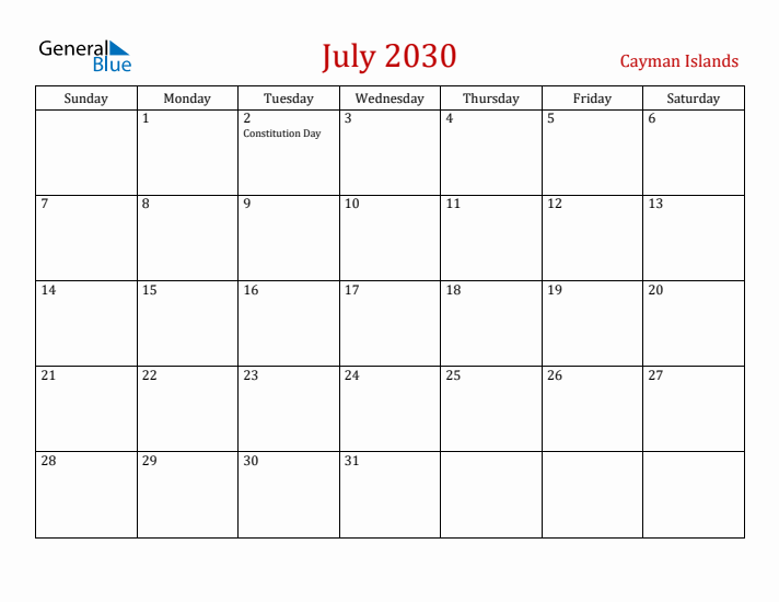 Cayman Islands July 2030 Calendar - Sunday Start