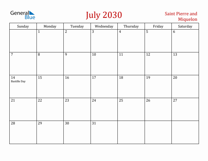 Saint Pierre and Miquelon July 2030 Calendar - Sunday Start