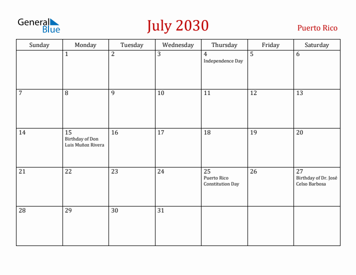 Puerto Rico July 2030 Calendar - Sunday Start