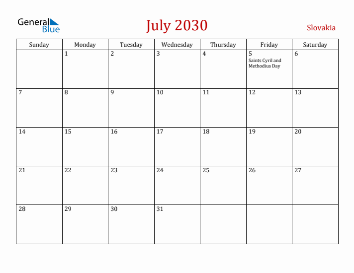 Slovakia July 2030 Calendar - Sunday Start