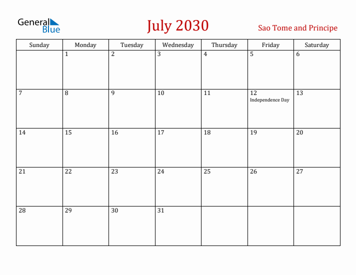 Sao Tome and Principe July 2030 Calendar - Sunday Start